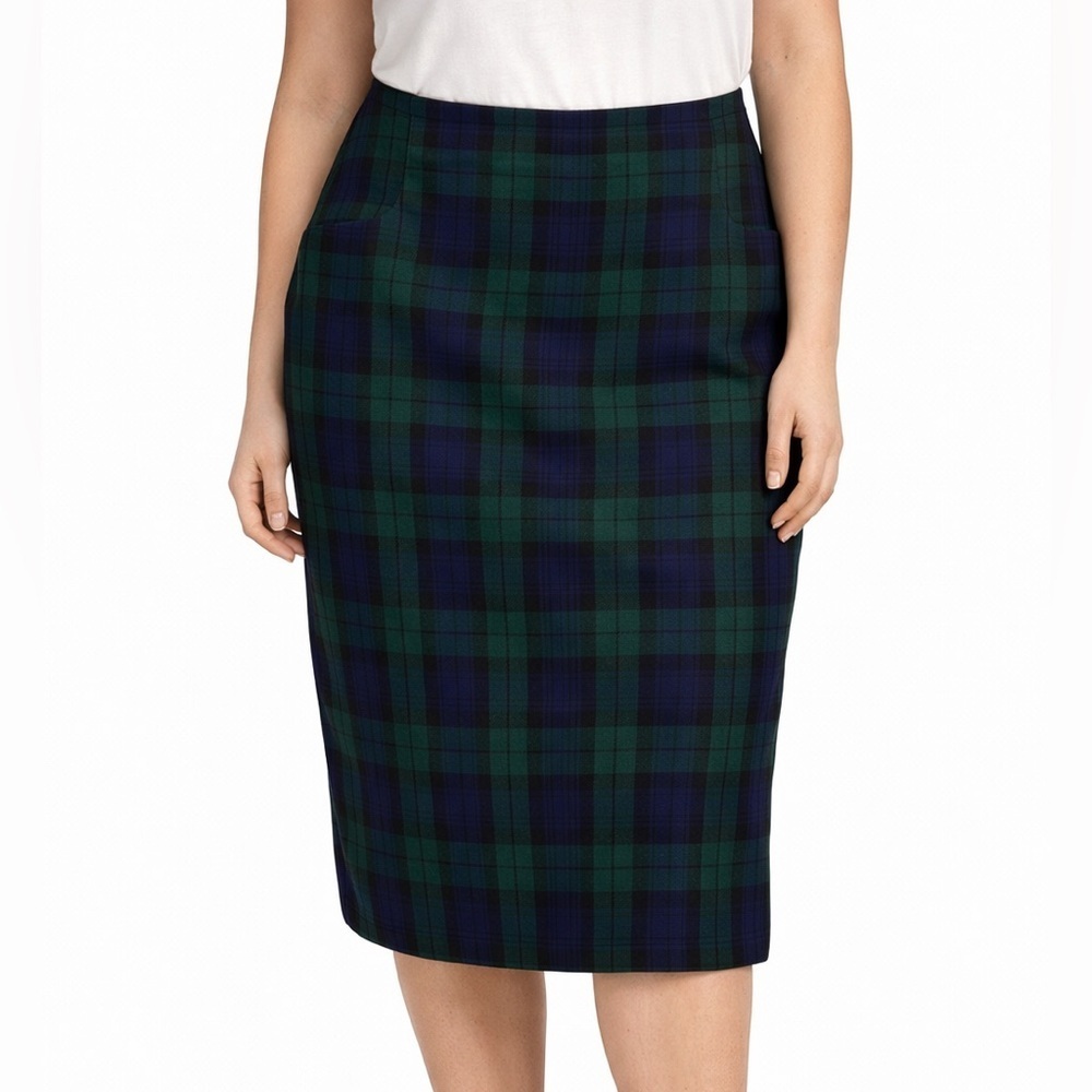 Vintage Marks & Spencer Wool Tartan Pencil Skirt Green Blue Plaid 16